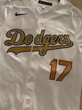 Nike White Dodgers Gold Script Baseball Jersey with Red-Trim Number 17